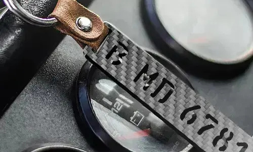 carbon license plate keychain with leather posture