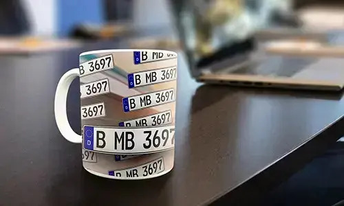 license plate mug on the table