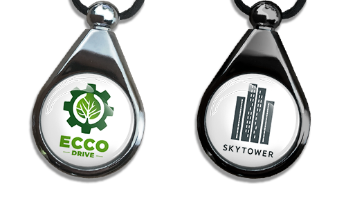 Perfume para coche con logo corporativo en diseño de gota metálica – perfecto como regalo promocional