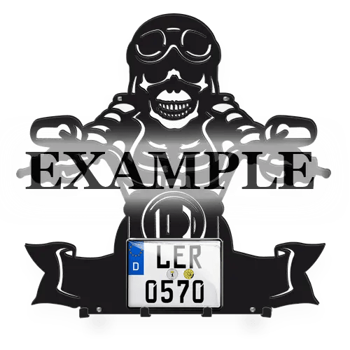 Keyholder wall skeleton motorcycle rider license plate text printed