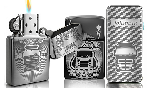Engraved stainless steel lighters featuring personalized truck designs for truck lovers