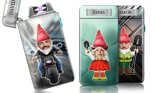 Mechero eléctrico personalizado con gnomo de jardín y nombre
