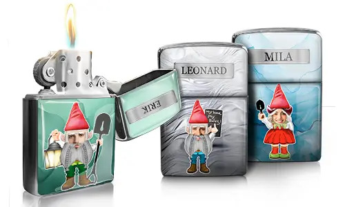 Mechero personalizado con gnomo de jardín y nombre Gazoline