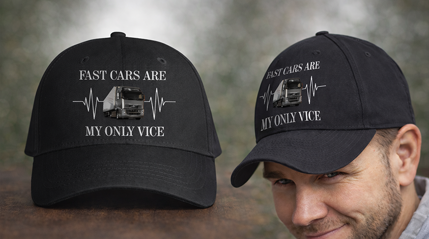 Two black caps with sports car and heartbeat design, FAST CARS ARE MY ONLY VICE text above and below car graphic