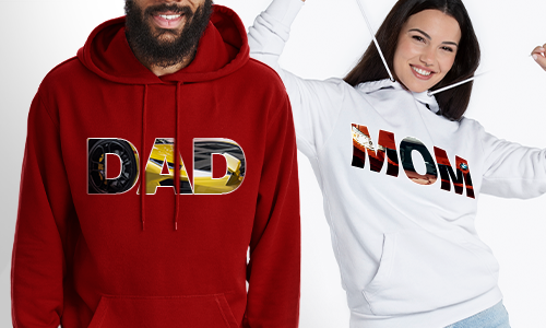 Two people in hoodies: left red with DAD text, right white with MOM text, letters filled with photo collage design
