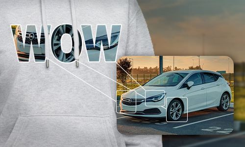 Light gray hoodie with WOW text, letters filled with white car photo collage, zoomed detail of Opel Astra shown beside