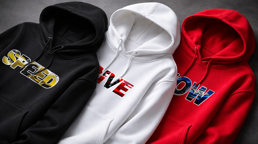 Three hoodies side by side: black SPEED, white DRIVE, red FLOW, bold stylized lettering across chest area