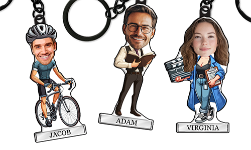 Personalisierter Schlüsselanhänger im Comic-Stil mit Namen und Hobby- oder Berufsmotiv