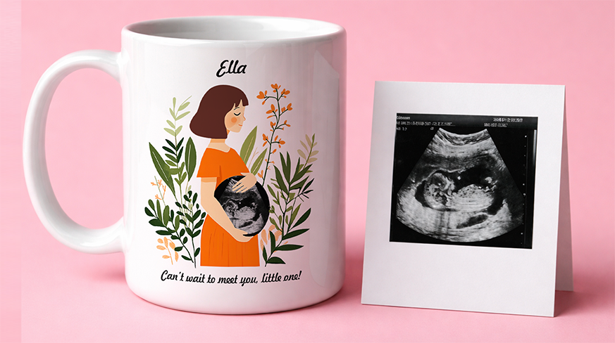 Tasse mit Illustration einer schwangeren Frau, Name Ella, Ultraschallfoto daneben, rosa Hintergrund