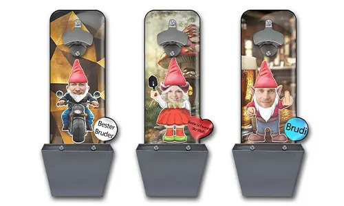 Abrebotellas de pared personalizado con gnomo de jardín y recogechapas