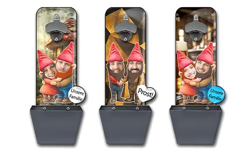 Abrebotellas de pared personalizado con gnomos de jardín y recogecápsulas