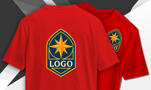 Dos camisetas rojas personalizadas con el logotipo en forma de escudo y estrella amarilla sobre “LOGO” moderno fondo geométrico.