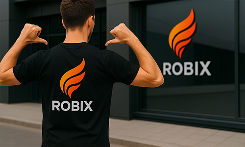 Persona señalando una camiseta negra personalizada con el logotipo de “ROBIX” de llama que coincide con el logotipo en la ventana del edificio en el fondo.