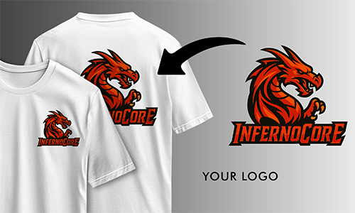 Dos camisetas blancas personalizadas con el logotipo de dragón “INFERNOCORE” feroz, vistas delanteras y traseras con flecha de colocación.
