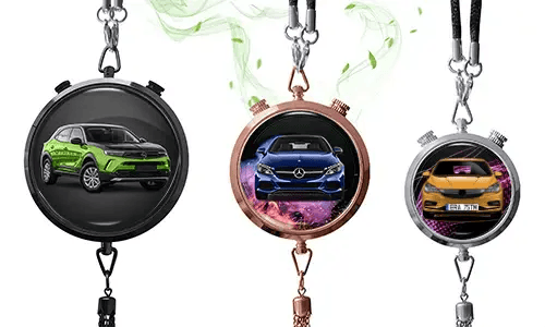 Three pendant-style frames with car images: black with green SUV, rose gold with blue Mercedes, silver with white car