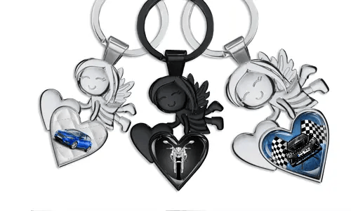 Llavero de ángel de la guarda en forma de corazón con coche