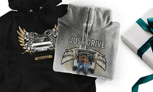 Hoodie with car motif for husband