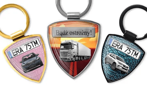 Shield-shaped photo keychain with car and truck designs