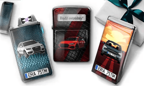 Three personalized car-themed lighters with Audi, sports car and Mercedes designs