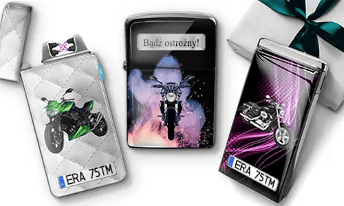 Three motorcycle-themed lighters: green bike on white quilted background, black with 
