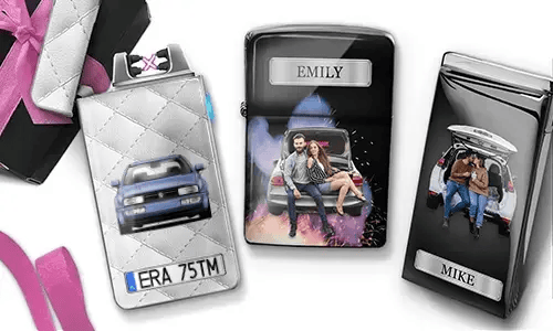 Three personalized cigarette cases are displayed. The first shows a car with a license plate. The second features a couple sitting on a car, labeled 
