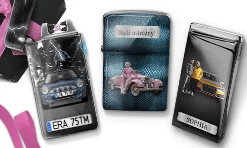Three personalized stainless steel lighters featuring custom grandma photos, cars, and heartfelt messages