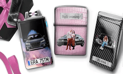 Three custom lighters with romantic car-themed designs: woman in trunk, couple in front of car, carbon-style car