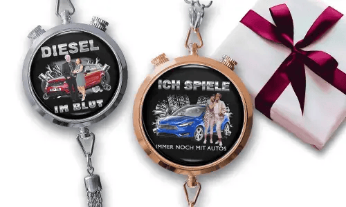 Two pocket watches feature car designs with German text. One says 