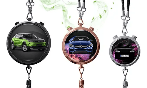 Three pendant-style frames with car images: black with green SUV, rose gold with blue Mercedes, silver with white car