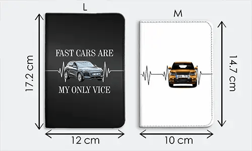 Due copertine di quaderni L e M: nero, 17,2x12 cm con auto e citazione FAST CARS, bianco, 14,7x10 cm con grafica solo auto