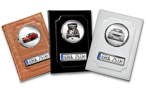 Personalized car documents holder for wife in black, white and brown leather