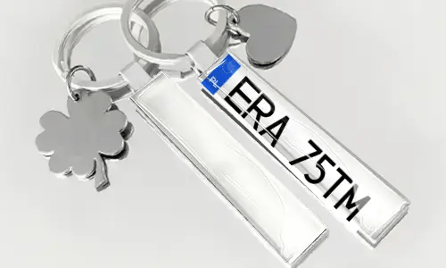 License plate style keychain with flag and charm accessories