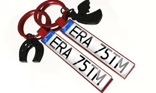 Metal keychains with license plate numbers and accessories