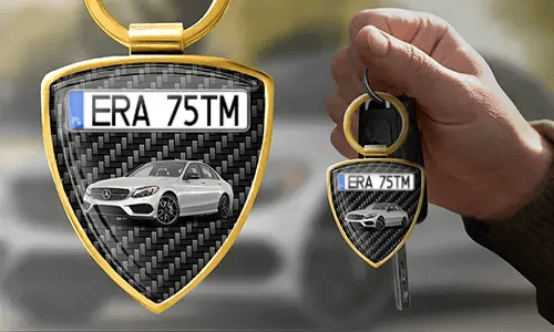 Shield photo keychain with custom car photo and license plate