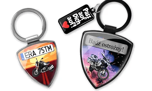 Personalized shield keychain with motorcycle design