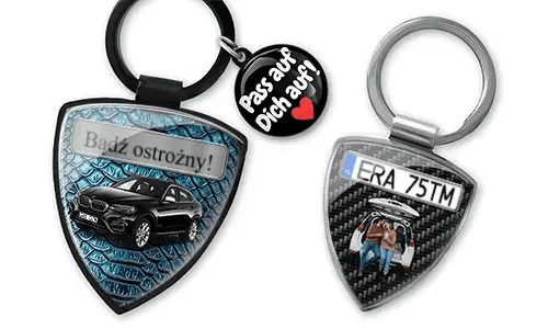 Shield photo keychain with custom car photo and license plate