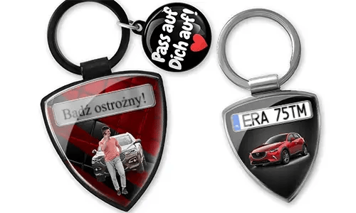 Shield photo keychain with custom car photo and license plate