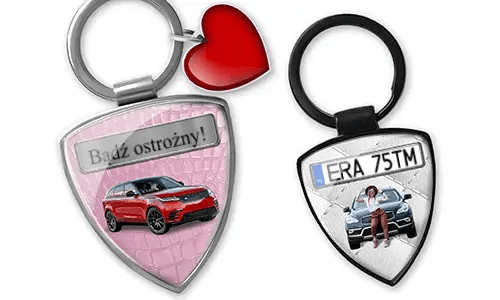 Shield photo keychain with custom car photo and license plate