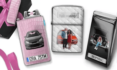 Two decorative electric lighters with car-themed family photos: pink with vintage white car and 