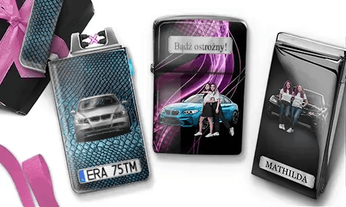 Three personalized car-themed lighters featuring custom photos, racing details, and unique vehicle designs.