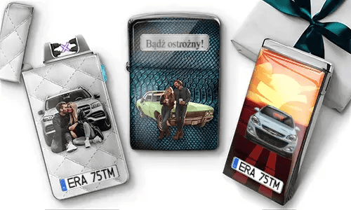 Three personalized stainless steel lighters featuring custom cars, a couple, romantic designs, and license plate details