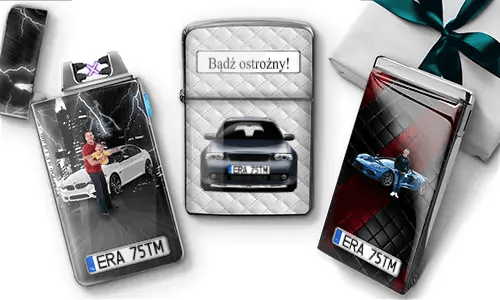 Three personalized car lighters with custom photos, license plates, and unique automotive designs.