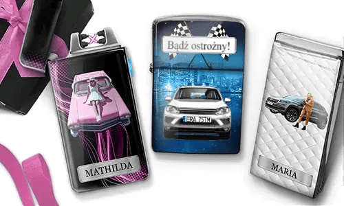 Three personalized stainless steel lighters featuring custom car designs, women, names, and license plate details