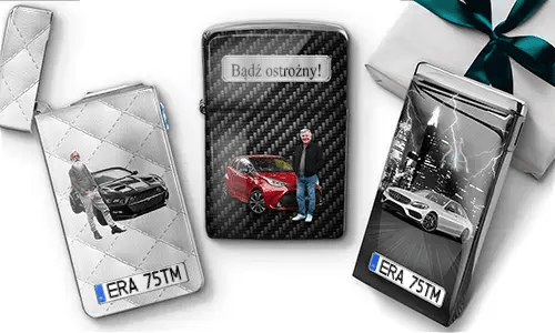 Three personalized car-themed lighters with grandpa photos, license plates, and unique designs.