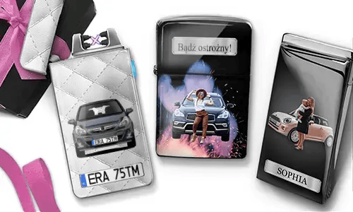 Three personalized lighters with custom mother photos, cars, license plate, and “Beste Mama” designs.