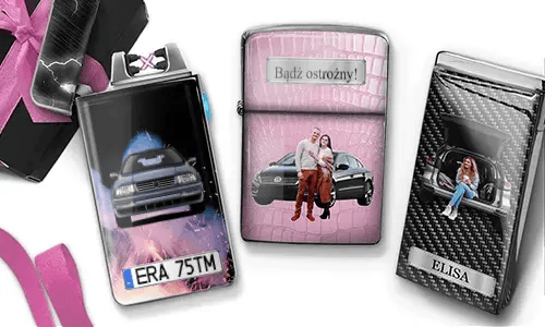 Three personalized lighters with unique custom car-themed designs and photos