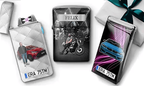 Three personalized lighters with custom names, photos, cars, motorcycle, and license plate designs.