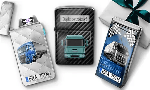 Three personalized truck-themed lighters with custom truck designs and license plates