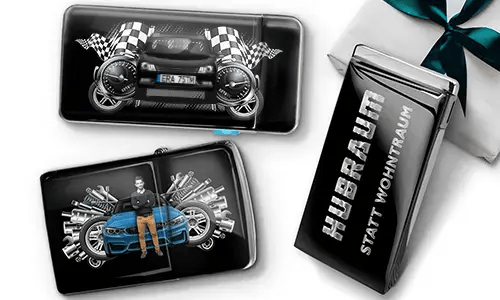 Gift set featuring car-themed metal cases with images of a green sports car, checkered flags, and engine motifs. Includes a 