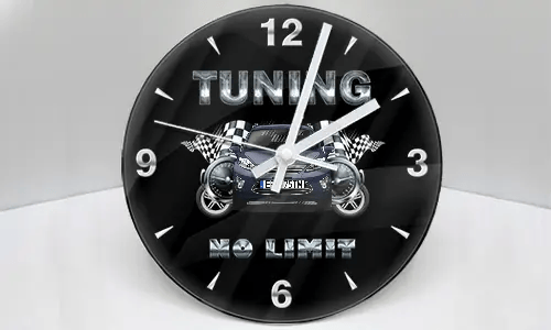 Wall clock with stylized car, checkered flags, and metallic TUNING NO LIMIT text on black background